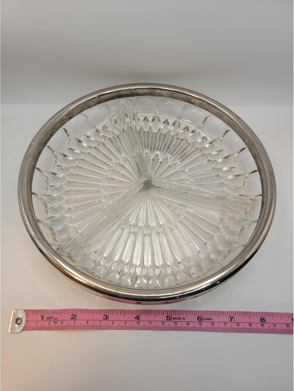 Vintage Crystal Divided Serving Tray 9" w/ 3 Sections Silver Rim Heavy